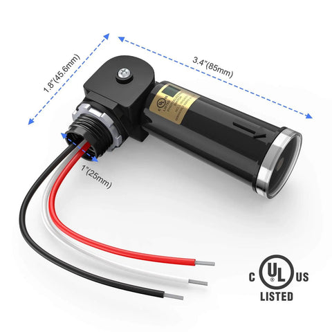Side view of 120-277VAC Photocell Sensor System for Dusk to Dawn hardwired post light control, UL listed, with size dimensions shown.