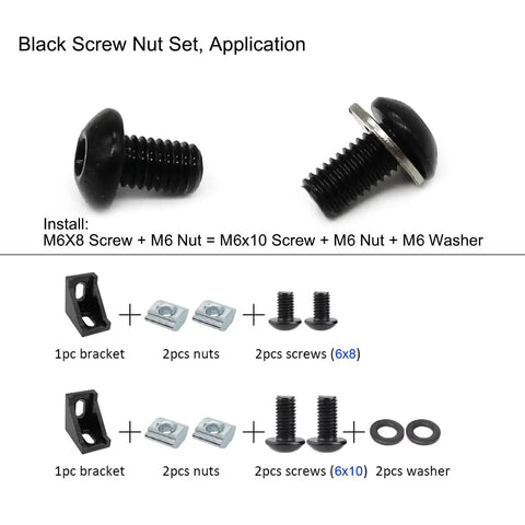 Black screws, nuts, and washers from All In One Aluminum 2020 T Slot Hardware Set With M6x8 And M6x10 Screws M6 Nuts And Washers