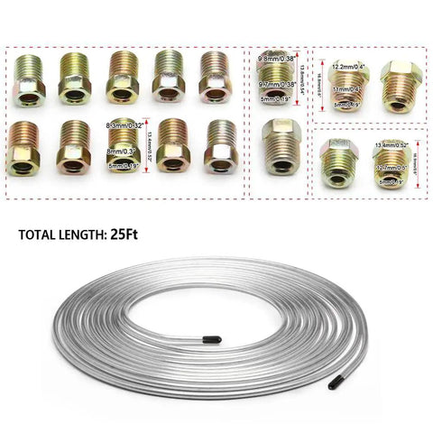 Automotive brake line kit: 25 ft zinc-plated copper line with 16 inverted-flare fittings and silver coil