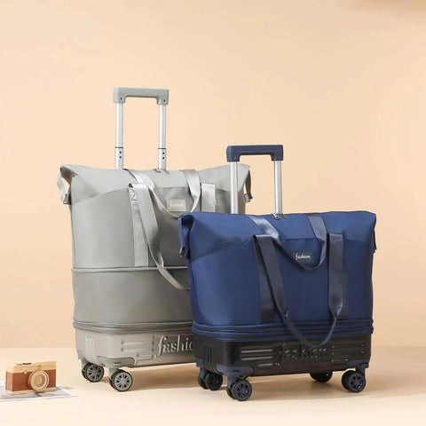Expandable Rolling Duffle Bag With Wheels And Handle For Weekend Trips And Gym Mega Roomy Design Large Capacity Blue and Grey
