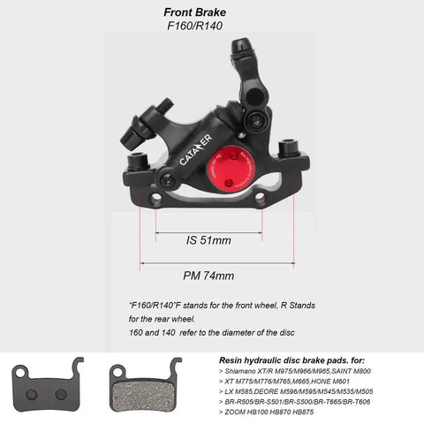 Cataer MTB hydraulic disc brake caliper, black, front view, 1 piece