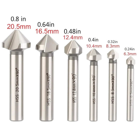 Pro Grade 6Pc HSS Chamfer Countersink Drill Bit Set With 90 Degree 3 Flute End Mills in various sizes for aluminum, PVC.
