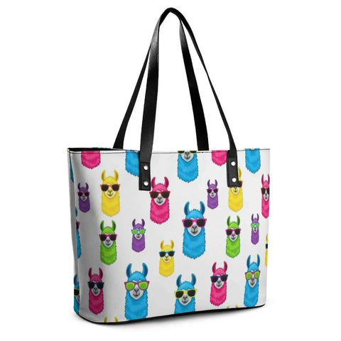 Everyday Leather Tote For Men And Women, Large Capacity Shoulder Bag With Zipper, Lychee Grain Leather, Casual Unisex Handbag Fits Tablet And More, Go-To Work Bag With Rainbow Llama Sunglasses Accent, 11.4 Inches Long
