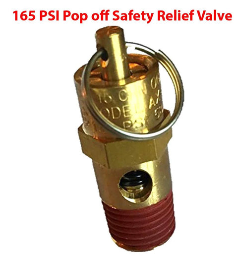 Brass 1/4 in NPT air compressor relief valve with red threaded end, 165 PSI tank pop-off