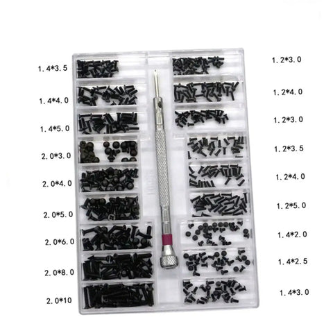 Two Piece Miniature Screw Set With Countersunk Round Screws For Small Machines Notebooks And Glasses Repair shown in storage box