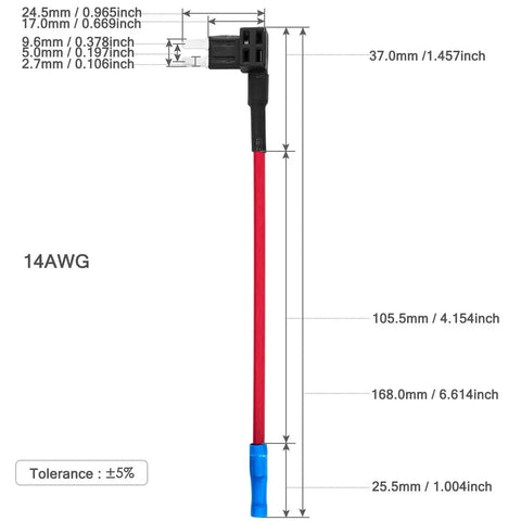Plug In Add A Circuit Fuse Tap Adapter Kit 5 Pack 14 AWG Micro2 UL Wire Fuse Holders measurements diagram