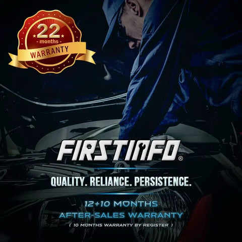 Mechanic working on car engine with FIRSTINFO 22-month warranty badge visible