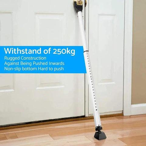2 Pack Adjustable Door Security Bar For Hinged And Sliding Doors Telescopic Locking Pole From 29 Inches To 45 Inches Non Slip Portable Door Brace With 250 Kg High Strength Construction Ideal For Home And Patio Security installed on a closed white door.