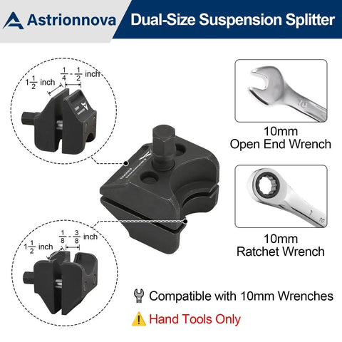 Universal Suspension Strut Spreader Tool Dual End Heavy Duty shown with 10mm wrench compatibility and dimensions highlighted.