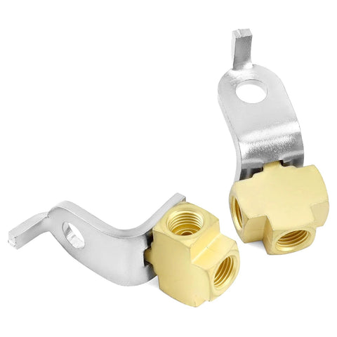 Two brass 3-way brake line tee connectors with inverted flare fittings and mounting brackets, 3/8-24 threads