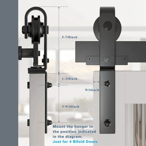 60 Inch Bi Folding Sliding Barn Door Hardware Kit For Four Doors With Heavy Duty Side Mounted Rollers For Smooth Sliding Fits Four 14 Inch Bifold Doors Space Saving Folding Solution Doors Not Included, side view with measurements shown