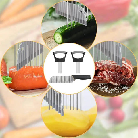 Crinkle Cutter Knife Set YuCool With Onion Holder Slicers Stainless Steel Kitchen Tool slicing cucumber, meat, and vegetables