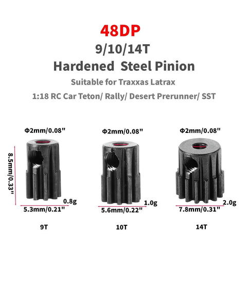Beefed Up Hardened 48DP 10 Tooth CNC Steel Pinion Gear With 2.0mm Bore For 1 18 RC Cars Upgrade Part 7645, visible alongside 9T and 14T variants