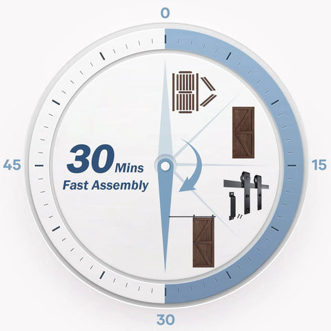 Guide for 30-minute assembly of Brown Barn Door 36 Inch By 84 Inch With Six Point Six Foot Barn Door Hardware Track Kit And Handle Included.