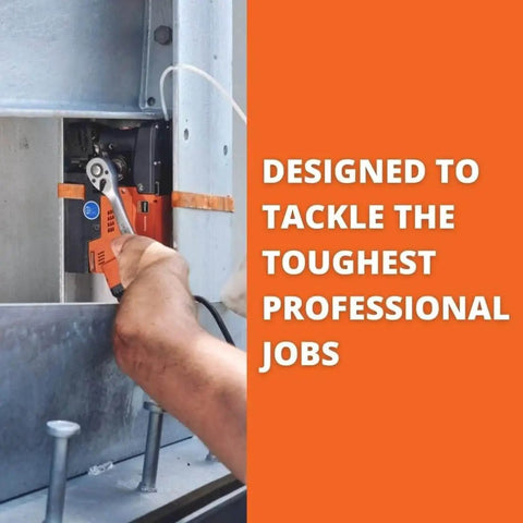 Person using Magforce 90 Magnetic Base Drill With Brushless Motor For Hard To Reach Areas In Metal on vertical metal surface.
