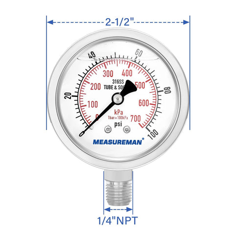 Measureman stainless steel pressure gauge, 2-1/2 inch dial, glycerin-filled, 0-100 psi/kPa, 1/4 NPT bottom mount