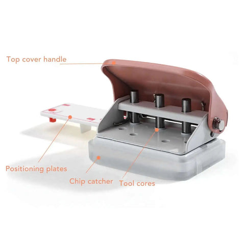 Pink Handheld 3 Hole Paper Punch with ABS and iron construction, showing top cover handle and chip catcher for office use.