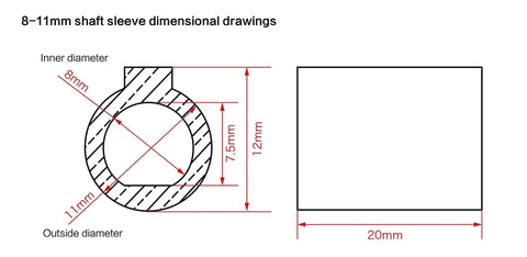 8mm to 11mm shaft sleeve bore adapter dimensional drawing, showing 0.31 inch to 0.43 inch diameters, 20mm length, steel turbine reducer sleeve.