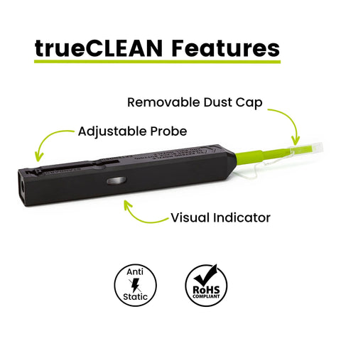TRUE CABLE fiber optic pen cleaner for LC/MU connectors with removable dust cap and adjustable probe, green tip.