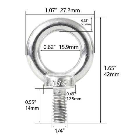 4 Pack 316 Stainless Steel One Quarter Inch UNC Eye Bolts With Shoulder Lifting Rings Threaded Eye Bolts Marine Grade Corrosion