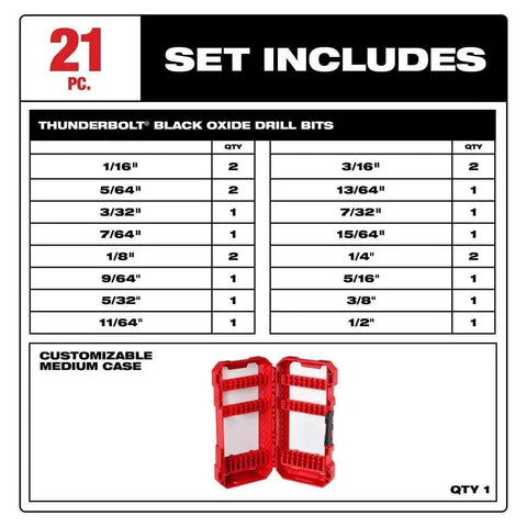 Image showing the set contents of Milwaukee 48-89-2801, a Thunderbolt Black Oxide Drill Bit Set, 21-Piece High Speed Steel Bits with a red case.