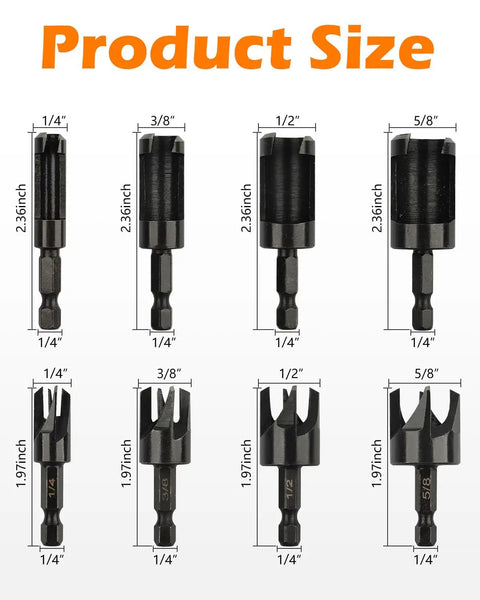 Pro Wood Plug Cutter Set For Woodworking Pros With Straight And Tapered Cutters in four sizes, shown with measurements and hex shank.