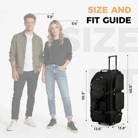 Size guide for Large 90L Rolling Duffle Bag With Wheels And Telescoping Handle For Travel And Weekend Getaways, next to models for scale.
