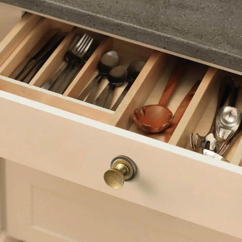 Open kitchen drawer with Antique Brass Cabinet Knobs With Gear Like Backplate Six Pack, Vintage Round Cup Design, Rustic Patina Finish, Industrial Steampunk Kitchen Drawer Pulls By Goo-Ki.
