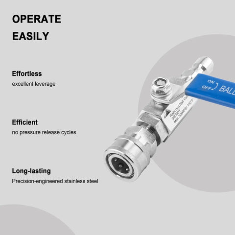 Heavy Duty Ball Valve For Pressure Washer With Hot Water Capability Stainless Steel Body Three Eighths Inch Quick Connect Shut Off Valve Up To Five Thousand PSI Fits High Power Washer Gun And Hose Anti Slip Ergonomic Grip Raincovo, showing close-up of the valve's stainless steel body and quick connect feature.