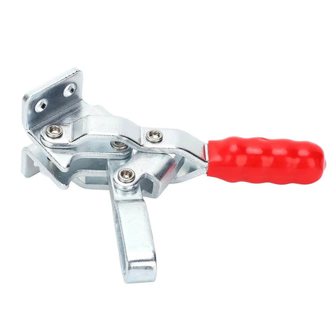 Side view of a Heavy Duty Quick Release Toggle Clamp For Woodworking Jigs And Fixtures with a red handle, metal body.