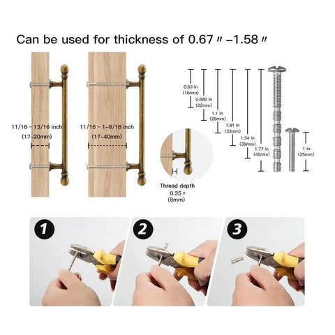 Installation guide for Antique Brass Cabinet Pulls Set Of 10 5 Inch Hole Center Solid Zinc Alloy Handles with screw dimensions
