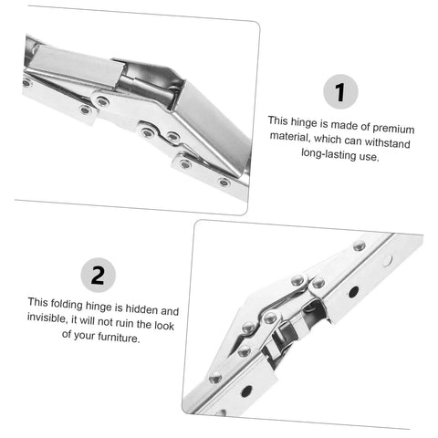 Close-up views of 2 Pack Hidden Folding Cabinet Hinges For Furniture, durable metal construction, showing hinge mechanism and design.