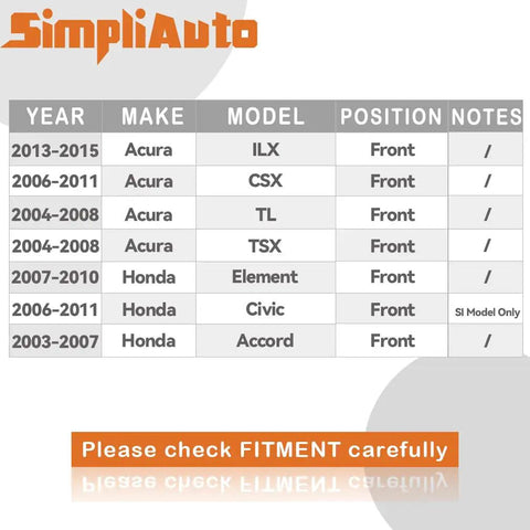 Fitment chart for Front Wheel Bearing And Hub Assembly For Honda Accord Civic Element And Acura TSX TL ILX CSX models