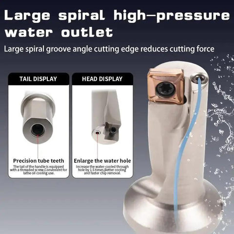 Close-up of versatile all in one drilling and boring tool for metalworking, featuring high-pressure water outlet and TCAP diameters.