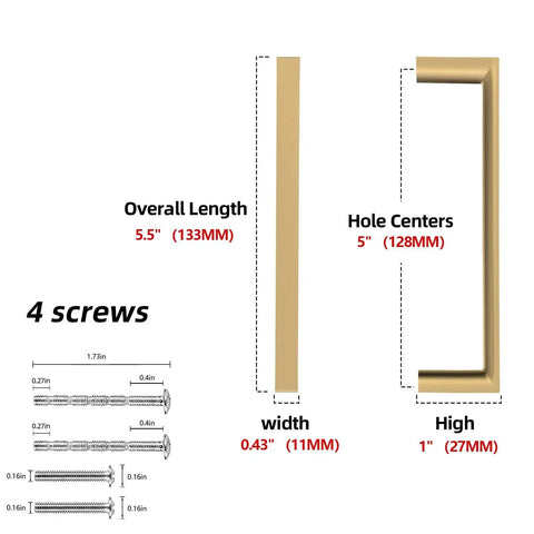 Diagram of Ten Pack Five Inch Champagne Bronze Cabinet Pulls For Kitchen Cabinets with measurements and screws shown.