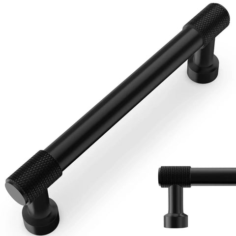 10 Pack Five Inch Matte Black Cabinet Handles Knurled Drawer Pulls with knurled texture shown in close-up view