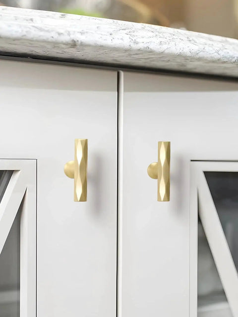Brushed Gold Cabinet Knobs 10 Pack Hammered Brass Handles for cabinets, drawers, and cupboards installed on white kitchen doors