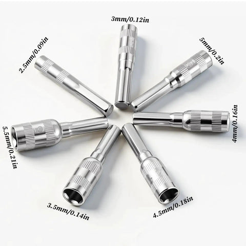 7 Piece Hex Socket Adapter Set With H4 Shank Metric Micro Socket Sizes 2.5mm Through 5.5mm arranged in a circle view.