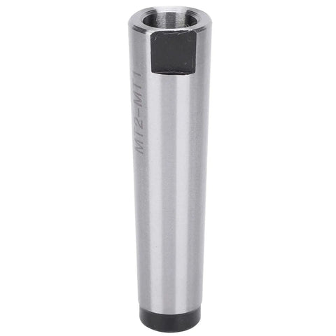 Front view of Pilipane MT2 to MT1 Morse taper adapter, silver metal drill sleeve with black end caps