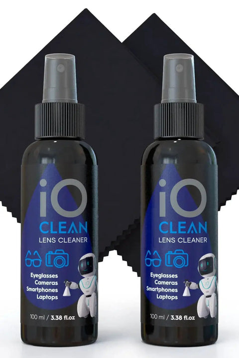 Eyeglass Lens Cleaner Spray Kit For Glasses And Screens With 2 Microfiber Cloths, showing two bottles and black cloths.