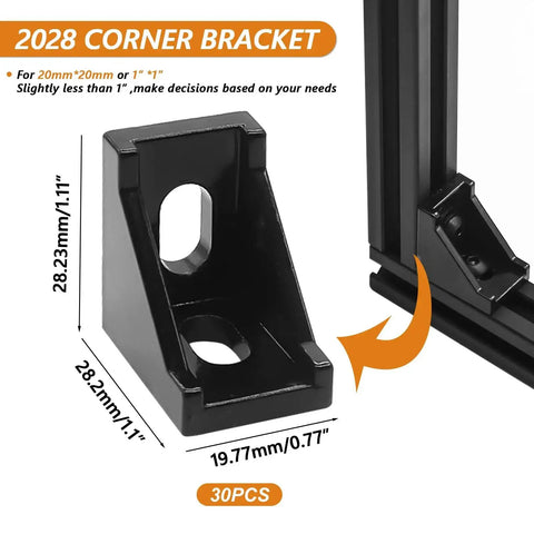 Close-up of 2028 corner bracket from 30 Piece 2020 Series Aluminum T Slot Rail Connector Kit with measurements for DIY projects