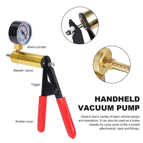 SHMZK hand held vacuum pump brake bleeder kit with brass cylinder, gauge, red handle grips and bleed valve