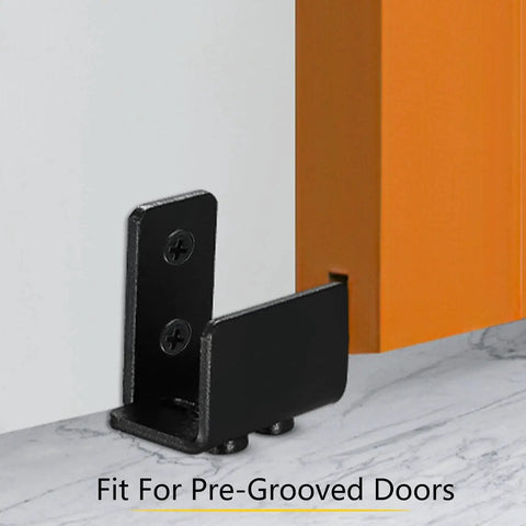U Shape Floor Guide For Sliding Barn Doors, 4 Pack, Black Finish, Wall Mount Or Flush Flat Bottom Design, installed