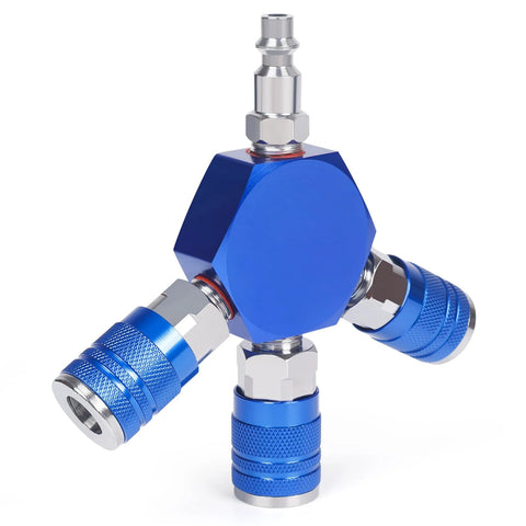 Milosline Connect 3-way air splitter, 1/4 in NPT, blue aluminum manifold with quick-connect fittings