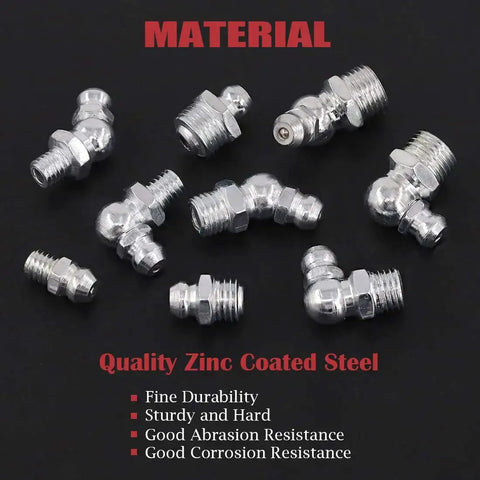 123 Piece Metric Hydraulic Zerk Grease Fittings Kit With 9 Common Sizes in zinc-coated steel, shown on black background