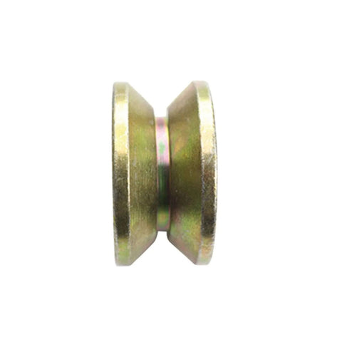 Side view of V Type Groove Sliding Gate Roller Wheel Set With Dual Bearings, Beefy Heavy Duty Steel Track Caster, 80mm, for industrial use.