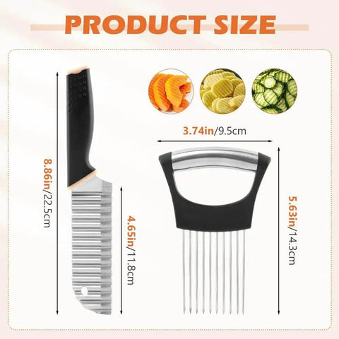 Crinkle Cutter Knife With Rubber Handle Stainless Steel Wavy Blade Fries Cutter Slicer For Potatoes Onions And Veggies Handy Kitchen Chopping Tool For Home Use Black shown with dimensions and onion holder.