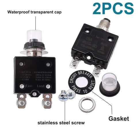 Two Pack 20A Push Button Resettable Circuit Breakers For 125 To 250V AC And 50V DC L1 Series Thermal Overload Protectors with parts.