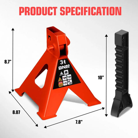 1 Pair 3 Ton Car Jack Stands With Adjustable Height For Cars SUVs Sedans showing red steel stand with labels and measurements.