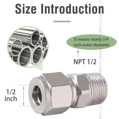Horiznext stainless steel 304 compression fitting for 1/2 in NPT male thread to 1/2 in OD tubing.
